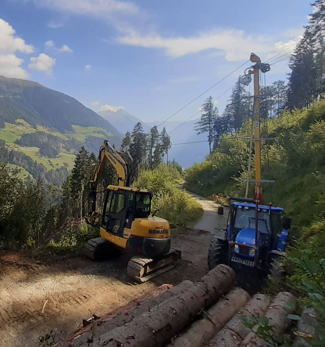 Bagger und Seilkrahn Anlage im Wald